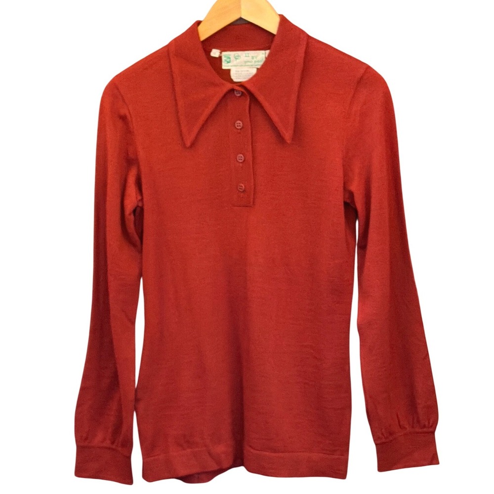 70s Gino Paoli Knit Polo Top Dagger Collar Retro Mod Italian Earthy Preppy